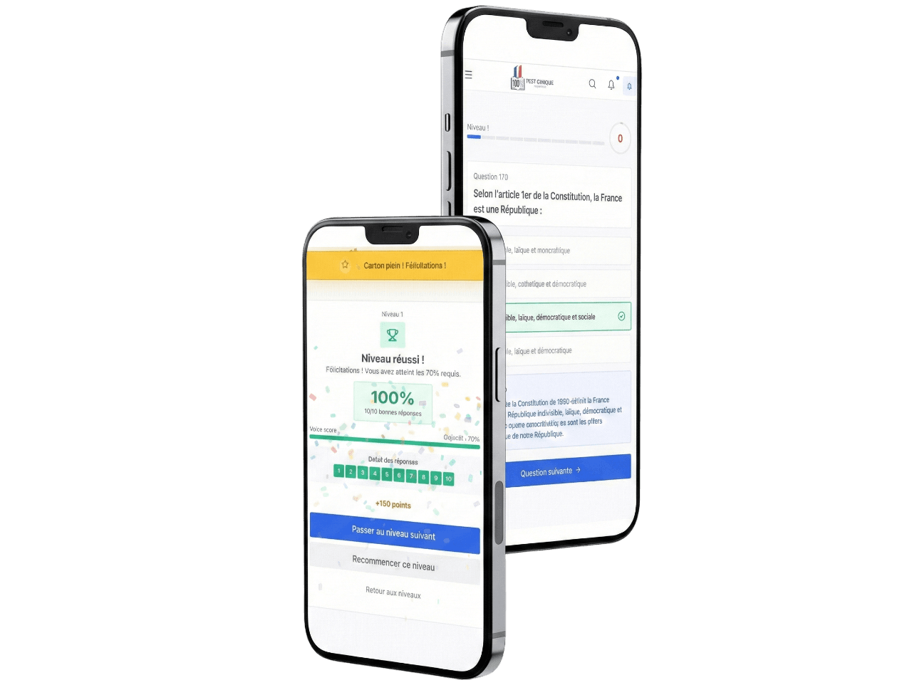 Tableau de bord de progression - Score global 98% avec suivi des modules